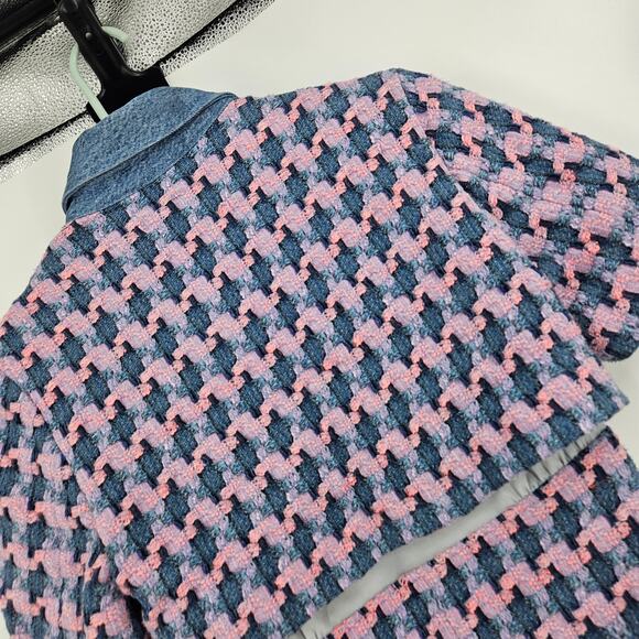 Sandro Amadora Dress Pink Blue Denim Trim Houndstooth Tweed Mini Pockets Size 4 - Picture 9 of 10